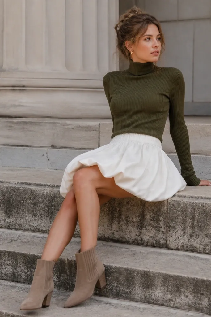 Olive turtleneck with a white bubble skirt and tan ankle boots