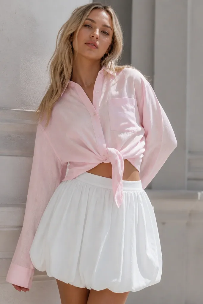Baby-pink button-up tied at the waist over a white bubble skirt