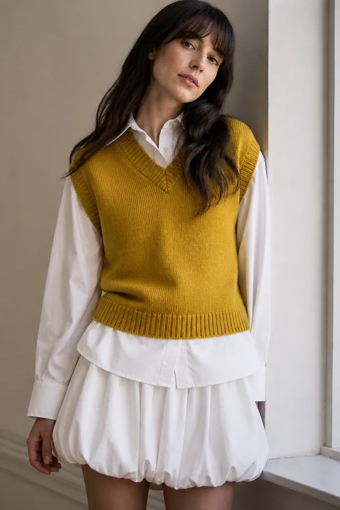 Mustard sweater vest over a white shirt with a white bubble skirt