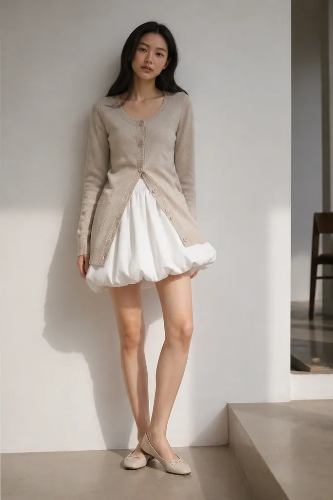 Light cardigan ending above the knee with a white bubble skirt and flats