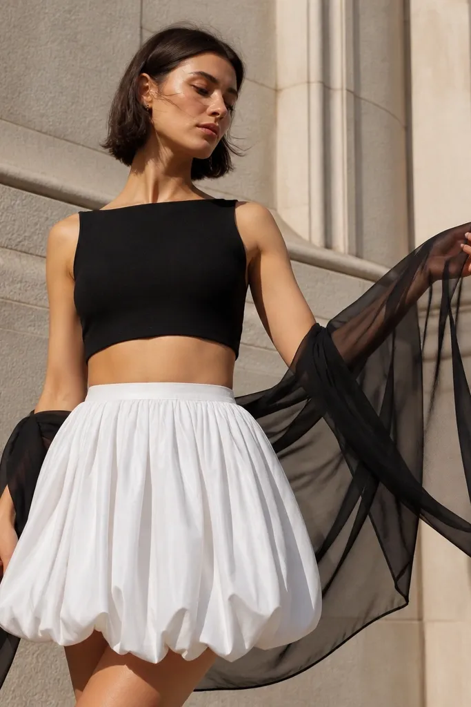 Black crop top with a white bubble skirt and a sheer black scarf