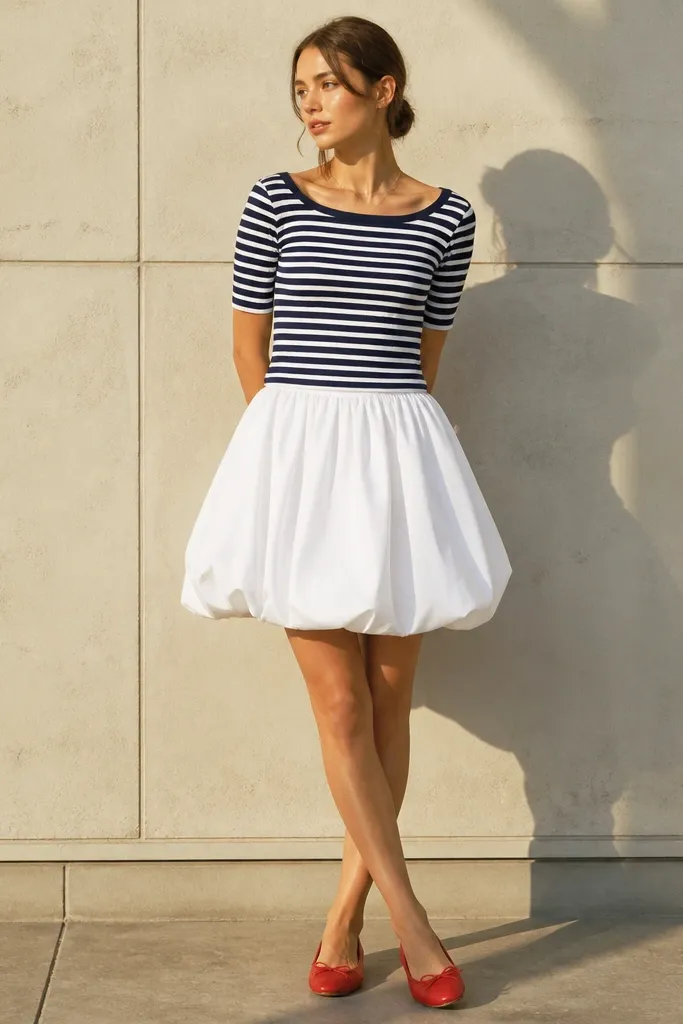 White bubble skirt with navy striped sailor top and red ballet flats