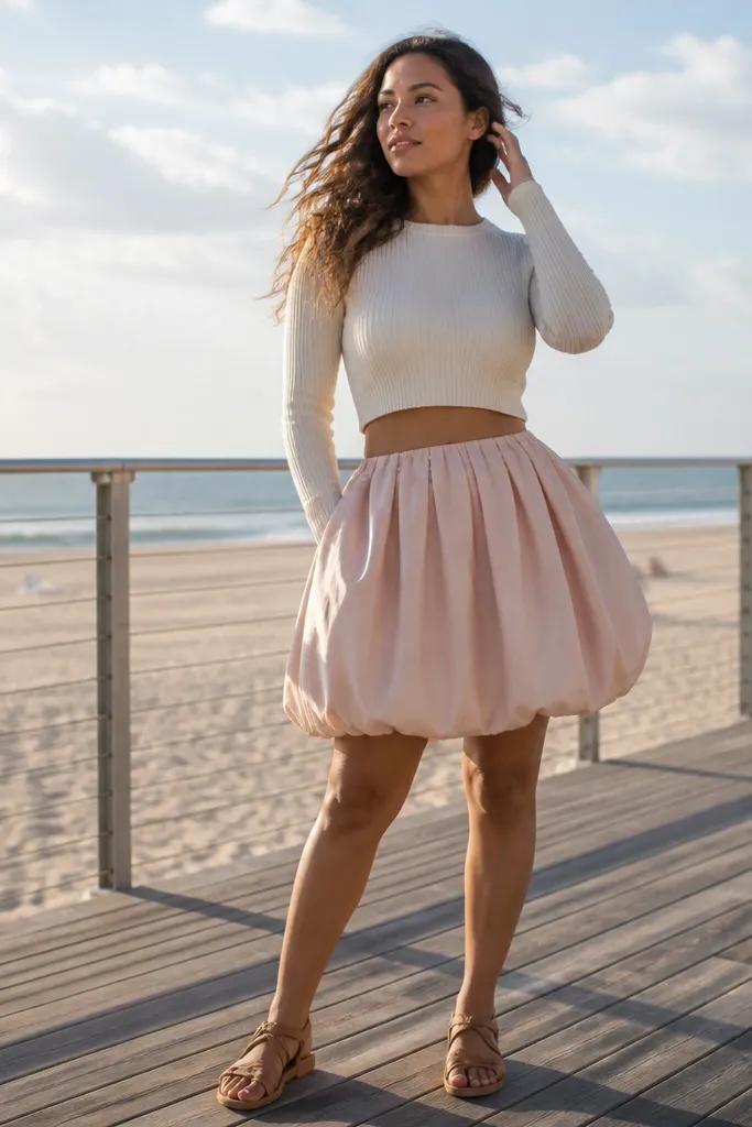 Cream ribbed crop sweater with blush bubble skirt and tan flat sandals