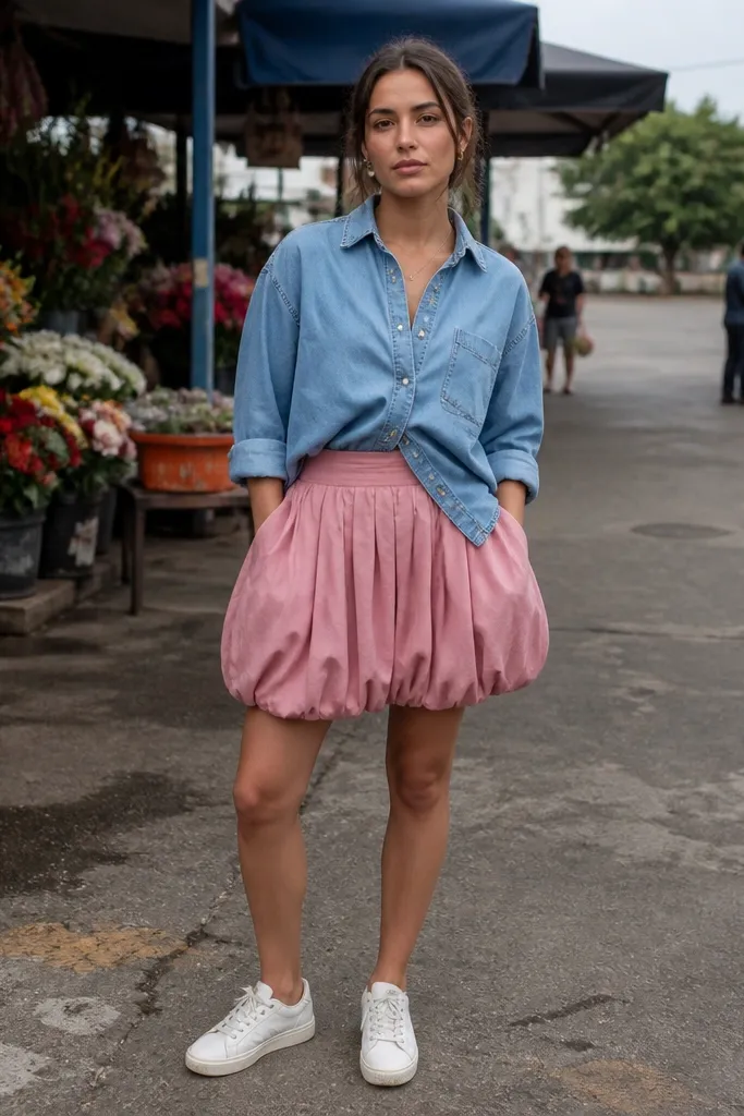 Light blue denim button-up half-tucked into a rose bubble skirt with white sneakers