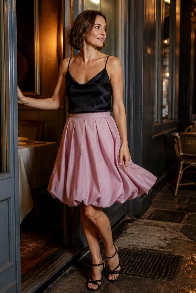 Black satin camisole tucked into a dusty pink bubble skirt with black strappy heels