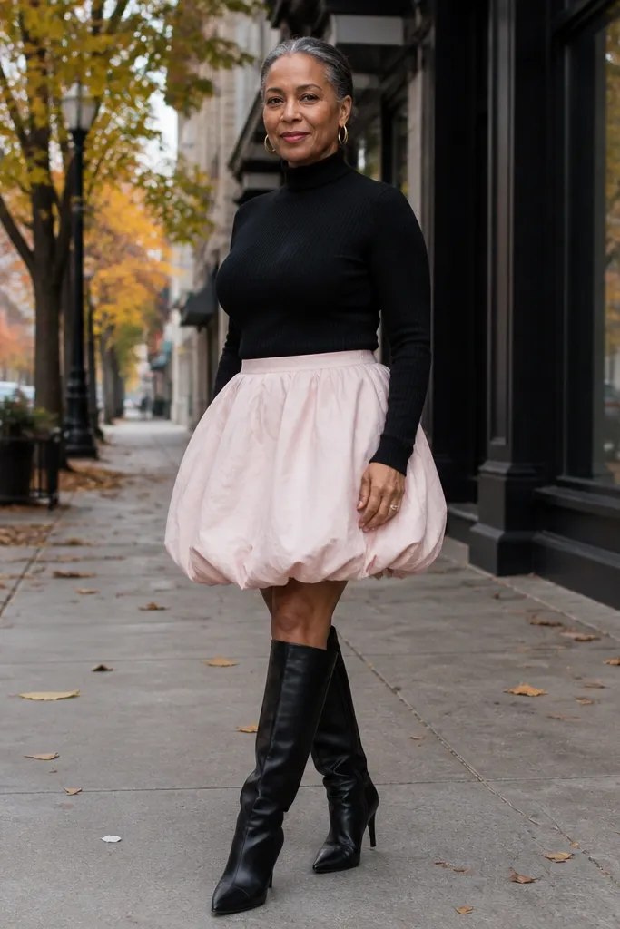 Black turtleneck bodysuit tucked into blush bubble skirt with knee-high boots