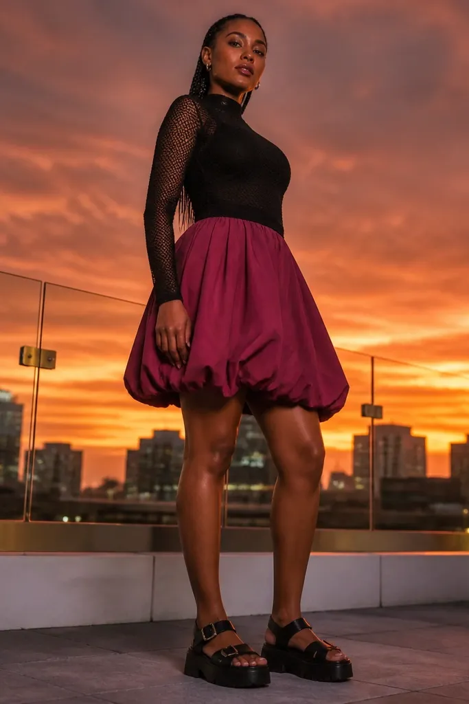 Black mesh long-sleeve top over a fitted layer with magenta bubble skirt and platform sandals