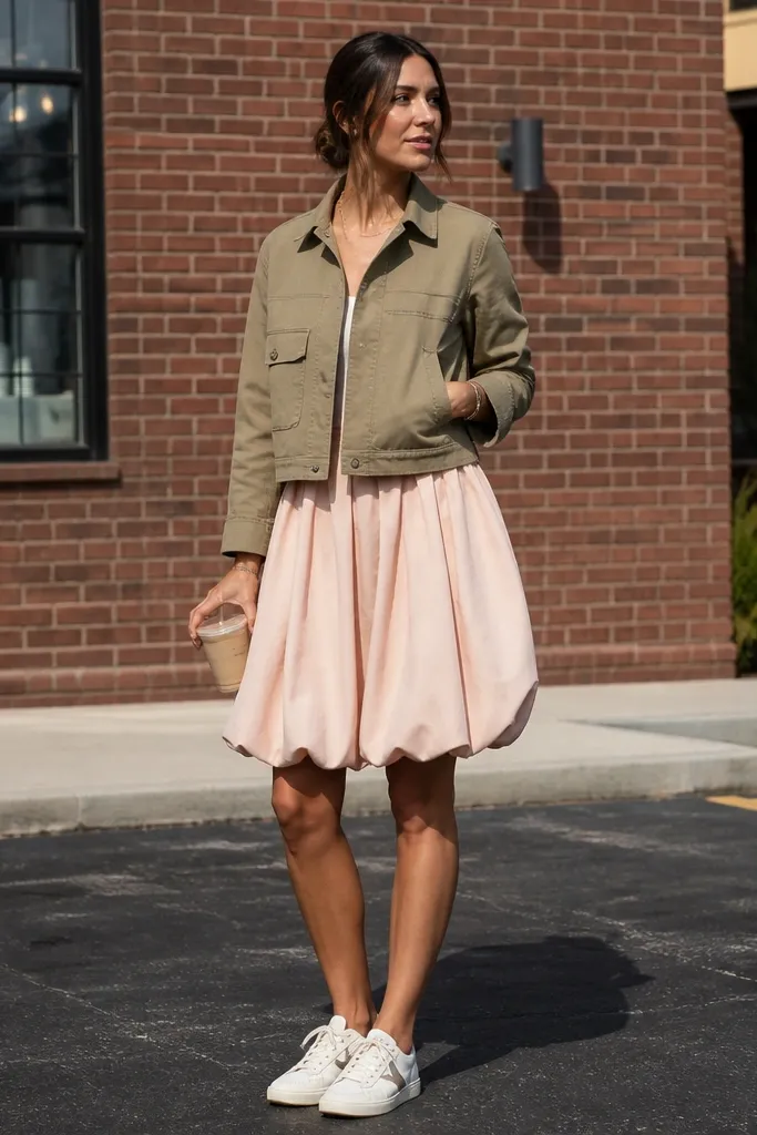 Khaki cropped jacket over a top with blush bubble skirt and white sneakers