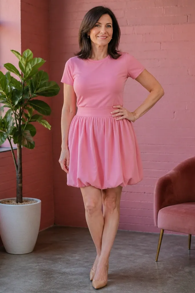 Fitted pink tee tucked into a pink bubble skirt with nude heeled sandals