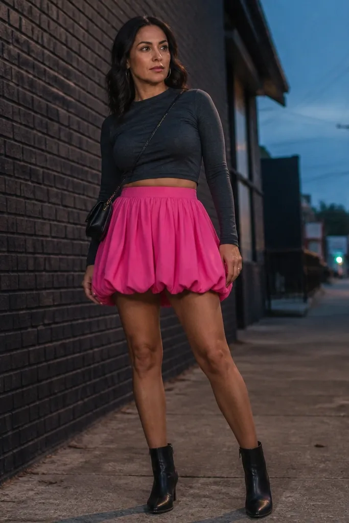 Charcoal long-sleeve crop top with hot pink bubble skirt and black ankle boots
