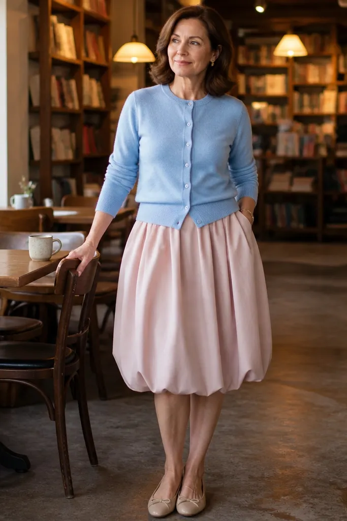 Pastel blue cardigan over a top with blush bubble skirt and ballet flats