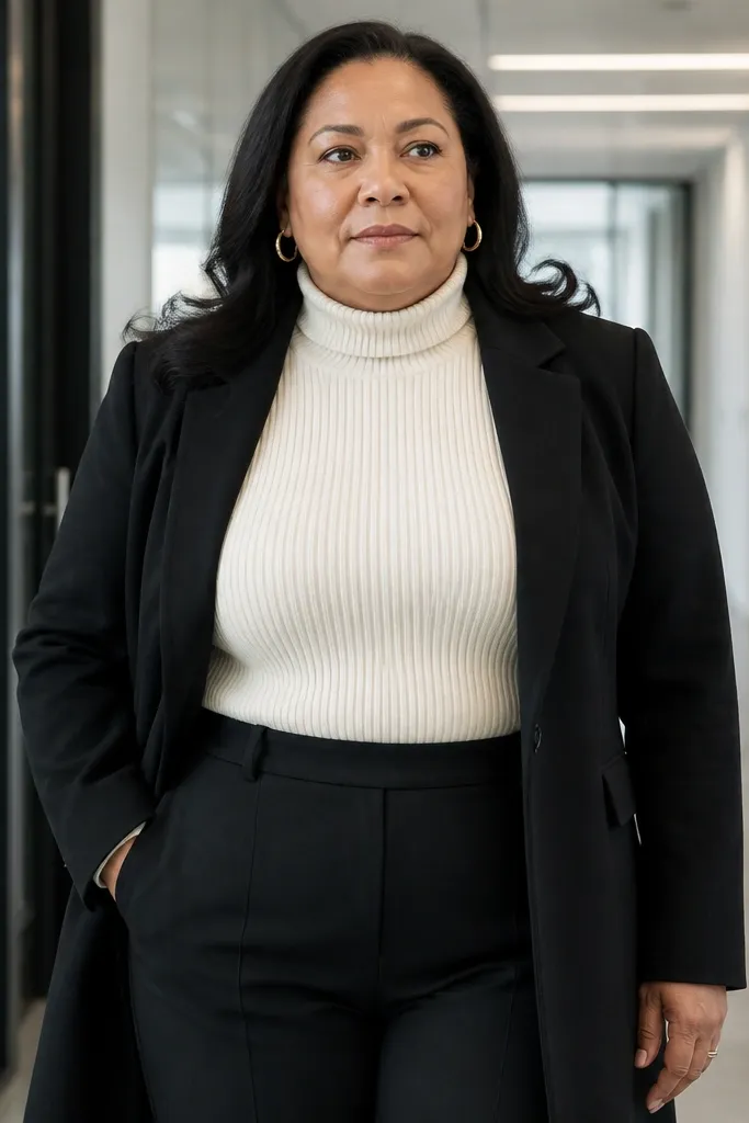 Black ponte trousers with an ivory turtleneck and long black blazer