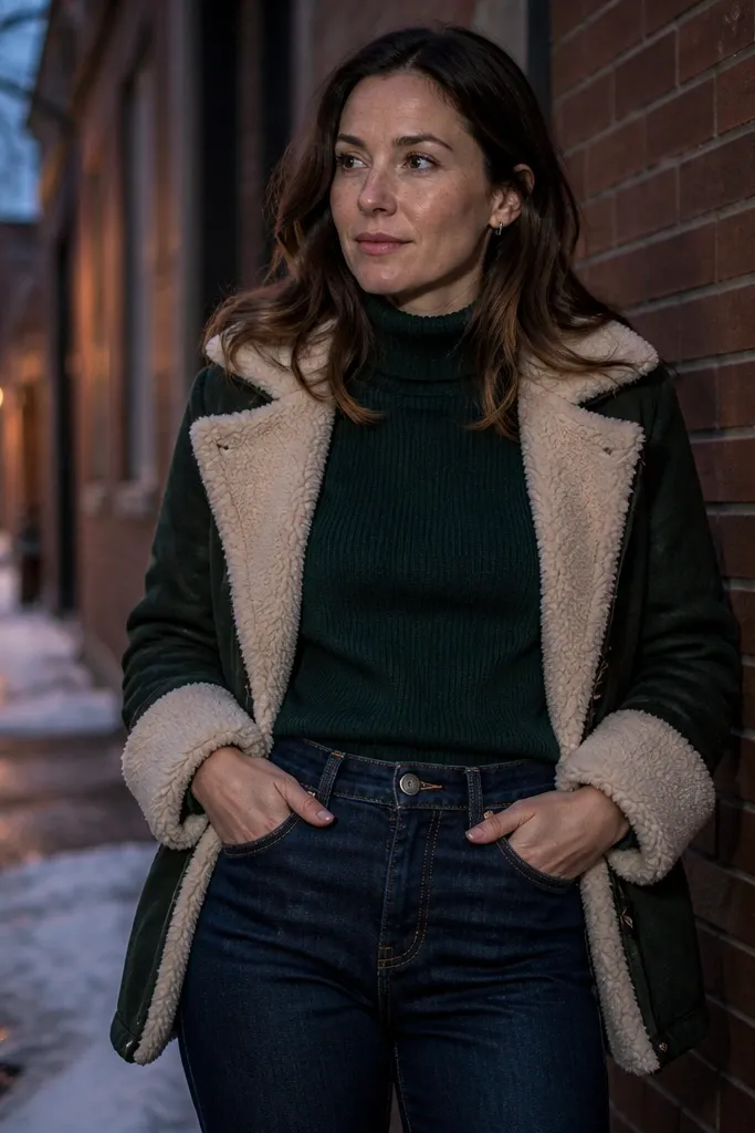 Forest green sweater with straight-leg dark denim and a coat with light trim