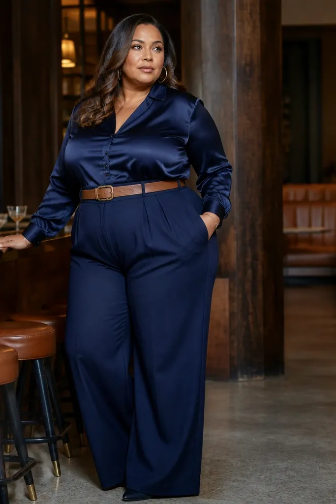 Navy blouse with wide-leg trousers and a cognac belt