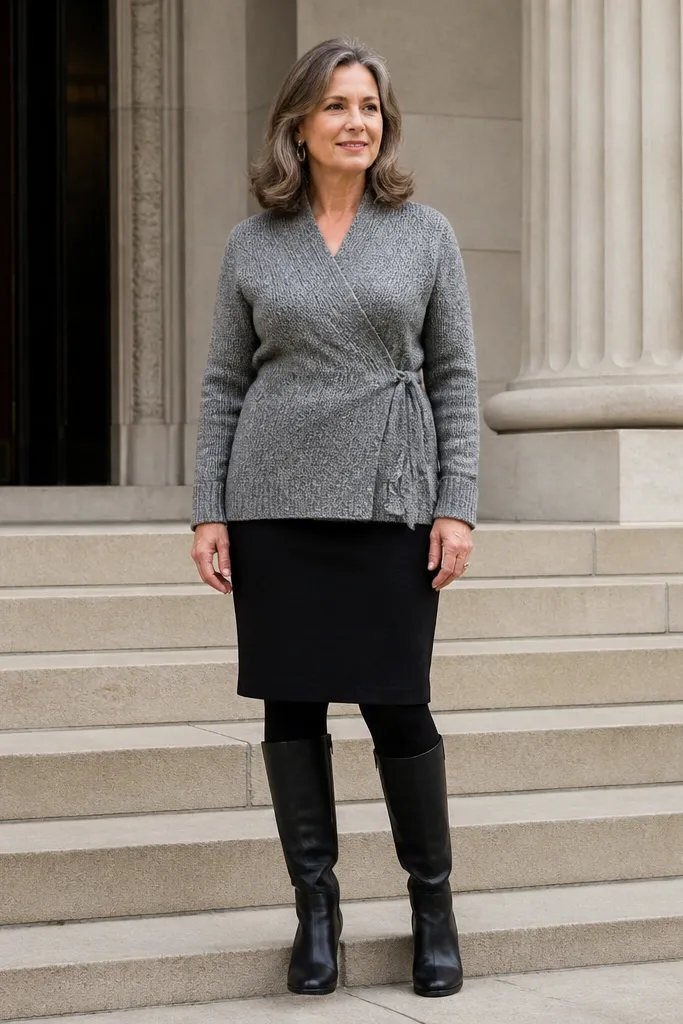 Gray wrap cardigan over a black pencil skirt with tall boots