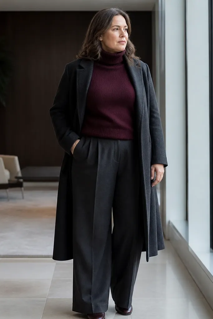 Burgundy turtleneck with charcoal pleated trousers and a long wool coat