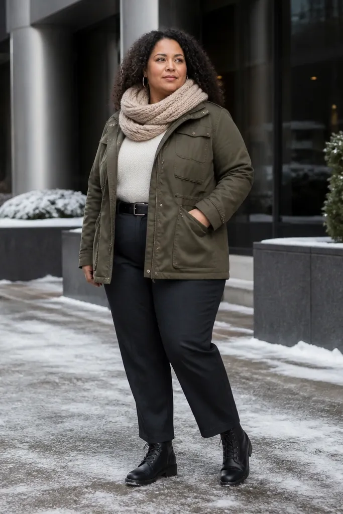 Olive utility jacket with cream knit top and straight ankle pants