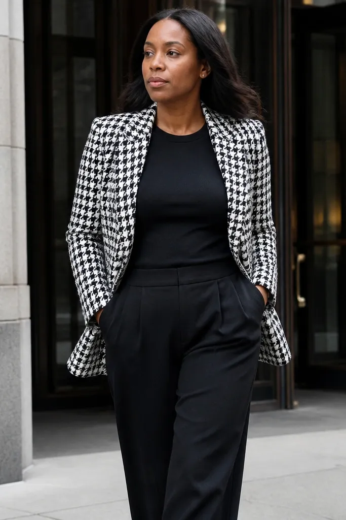 Houndstooth blazer over a black tee with wide-leg black pants