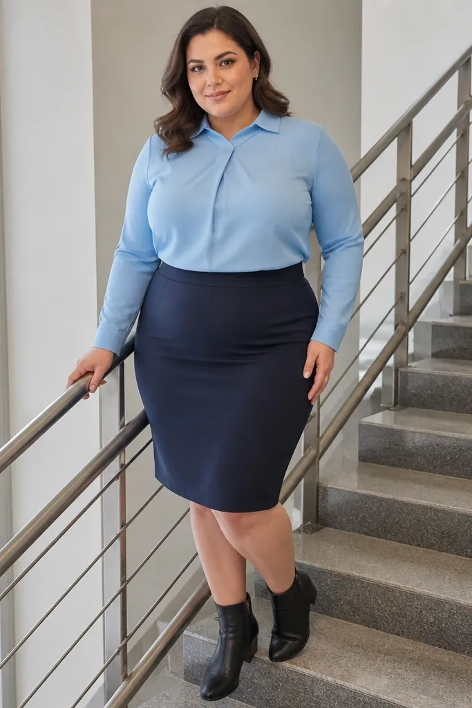 Powder blue blouse with navy pencil skirt and black ankle boots