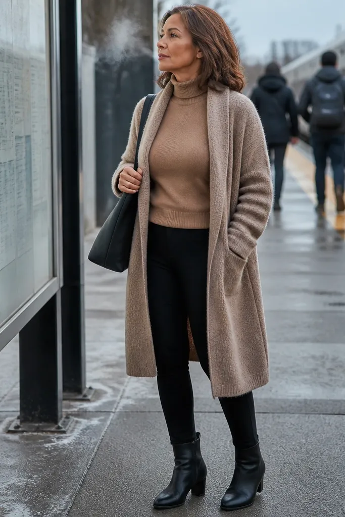 Camel turtleneck with black leggings and a long cardigan coat