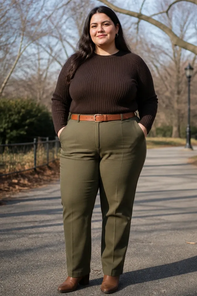 Chocolate ribbed sweater with olive straight-leg trousers and a tan belt