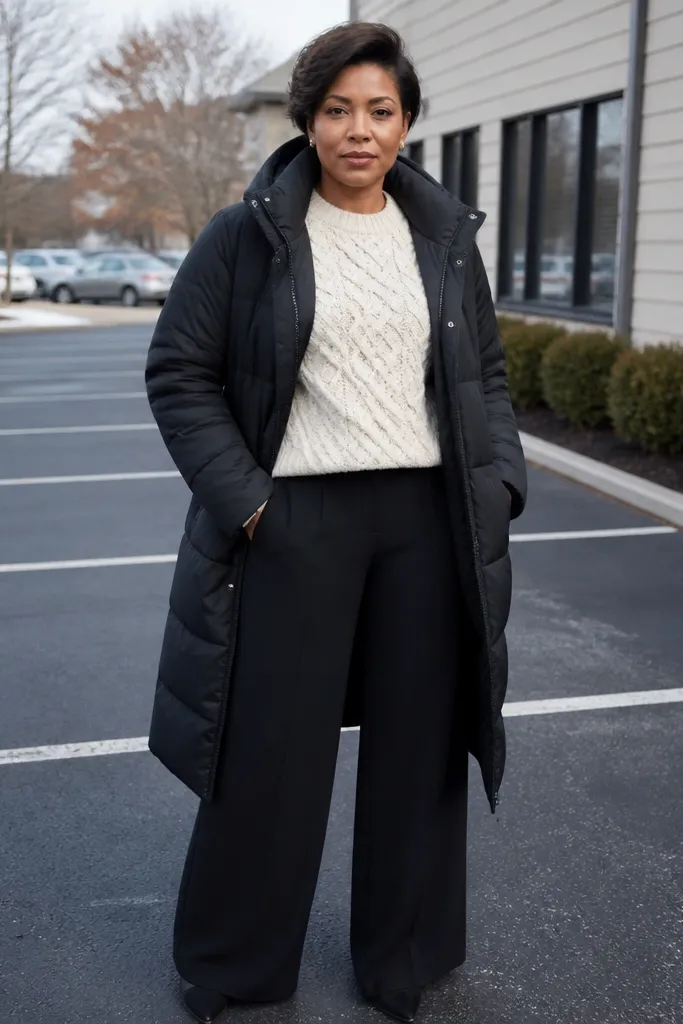 Ivory cable-knit sweater with black wide-leg pants and a long puffer