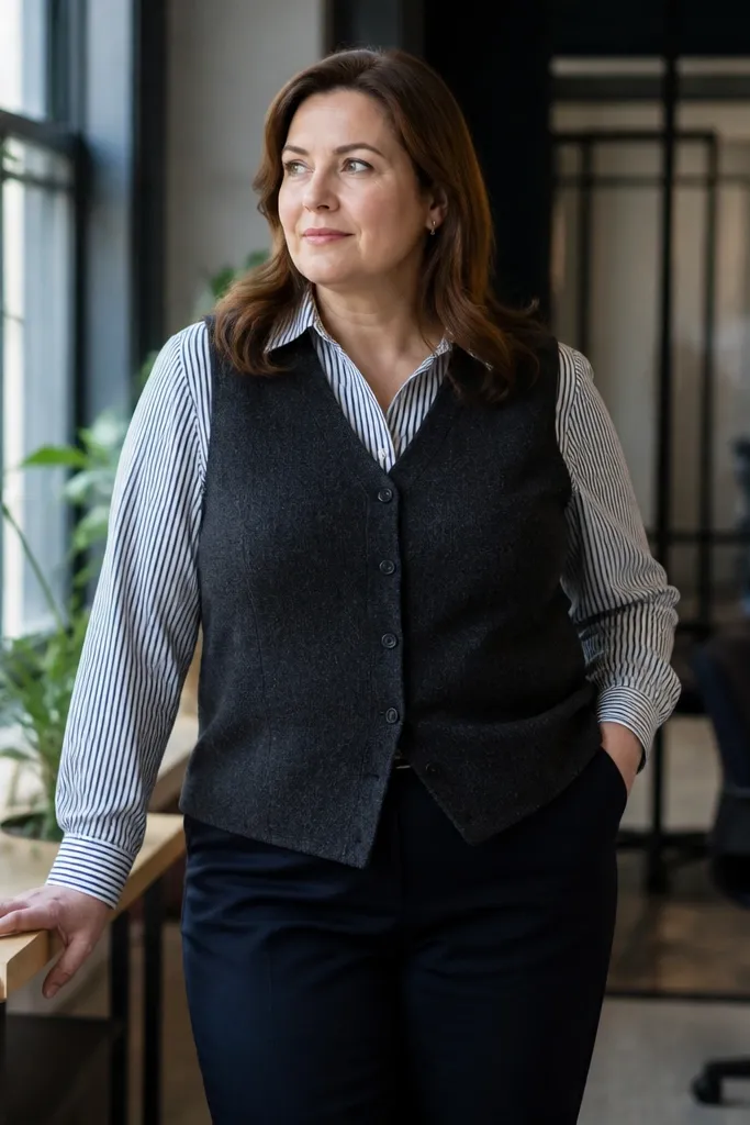 Striped button-front shirt with dark straight trousers and a wool vest