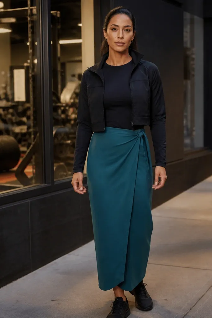 Teal jersey wrap skirt with fitted long-sleeve top and a cropped jacket
