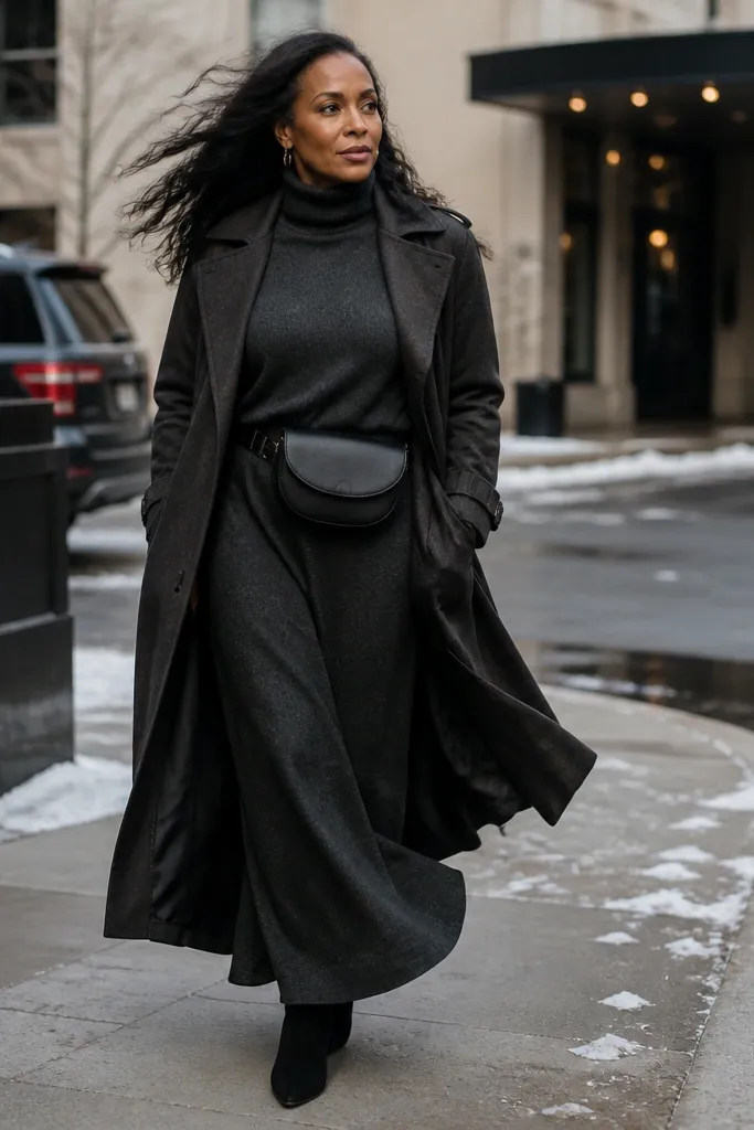 Charcoal turtleneck with a maxi skirt and a long trench coat