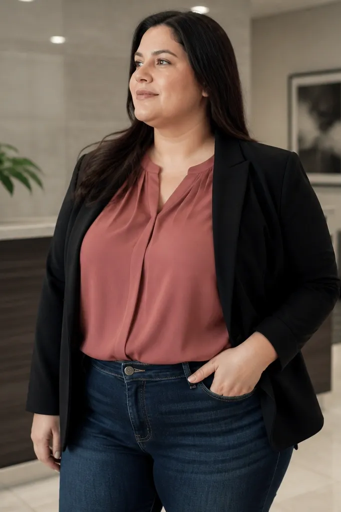Rosewood blouse with dark-wash jeans and a tailored blazer