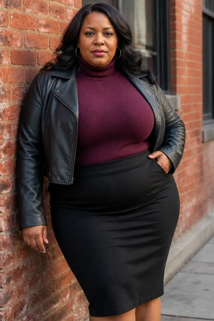 Plum sweater with black pencil skirt and a cropped leather jacket