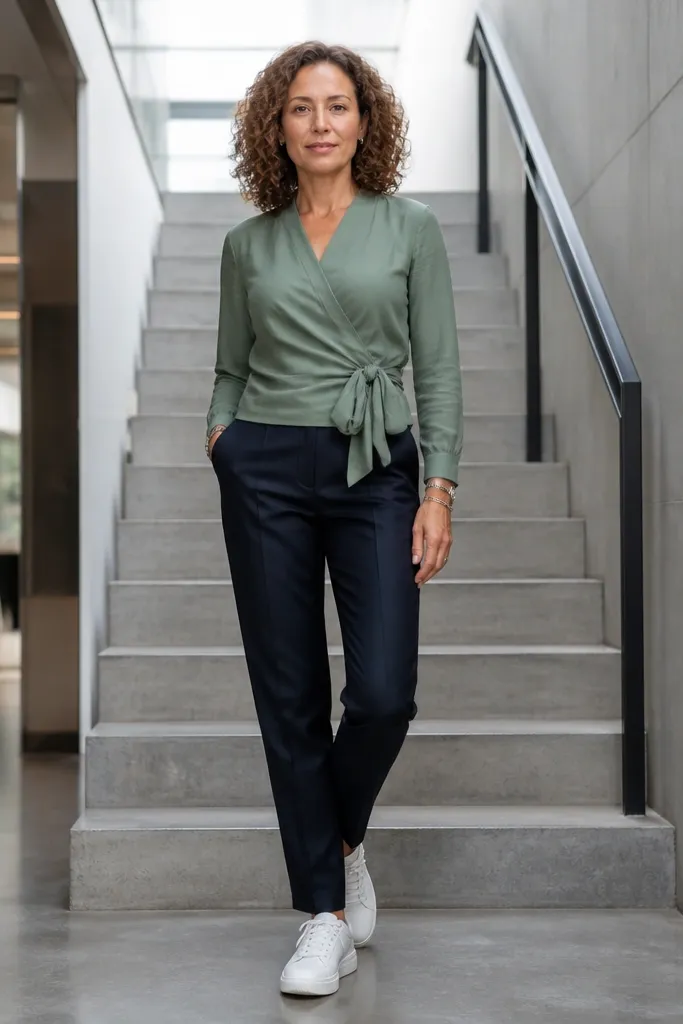 Sage wrap blouse with navy tailored trousers and clean white sneakers.