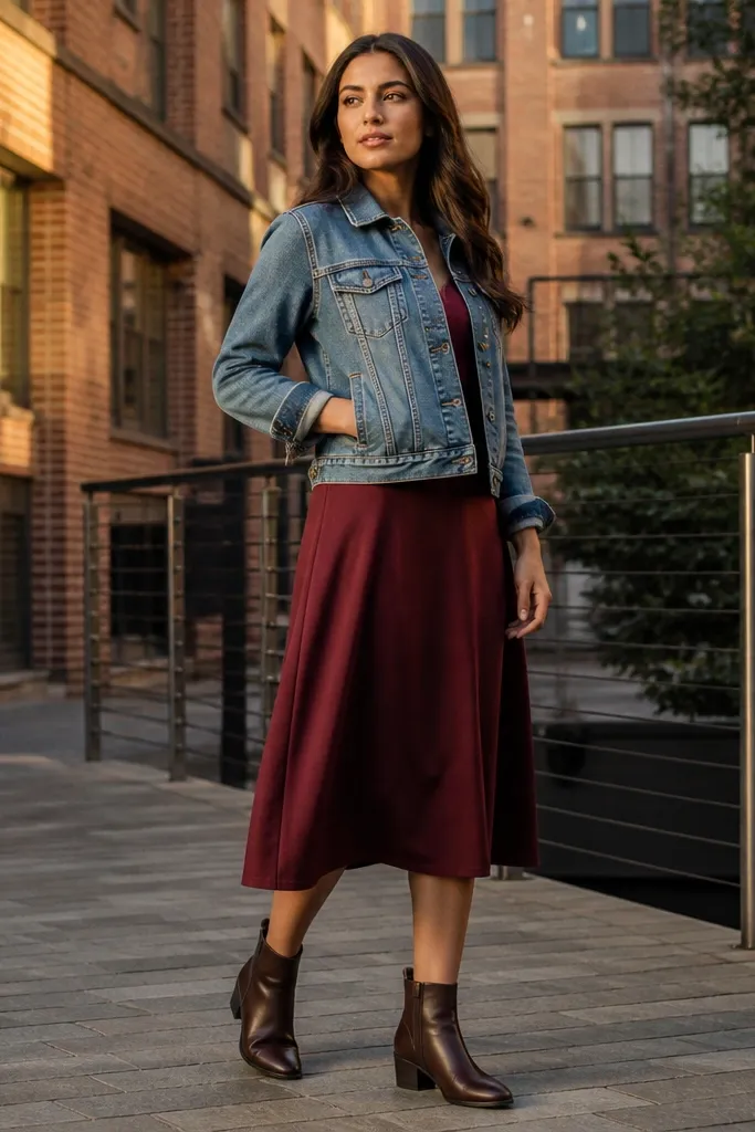 Burgundy midi dress with a cropped denim jacket and dark ankle boots.