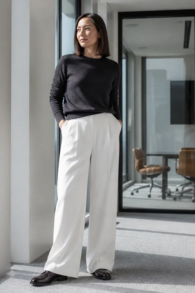 Charcoal crewneck sweater with white wide-leg trousers and brown loafers.