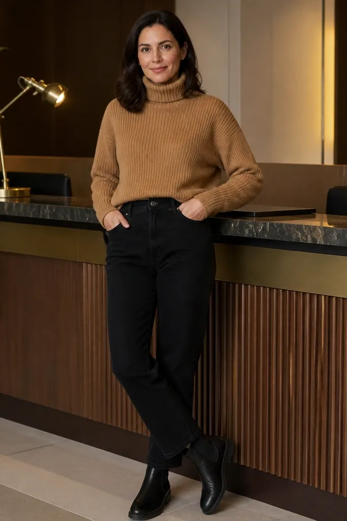 Camel turtleneck tucked into black straight jeans with Chelsea boots.