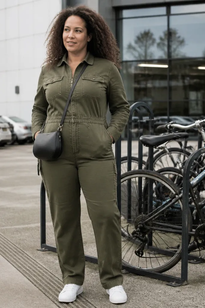Olive utility jumpsuit with white sneakers and a small crossbody bag.