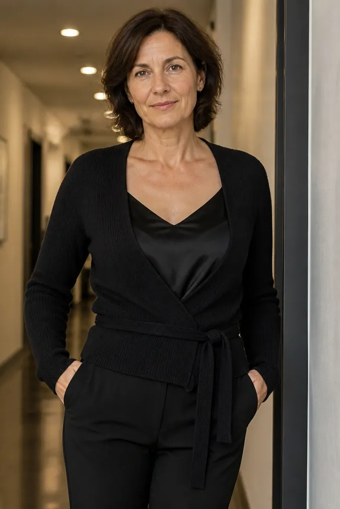 Black satin camisole with tailored trousers and a wrap cardigan layer.