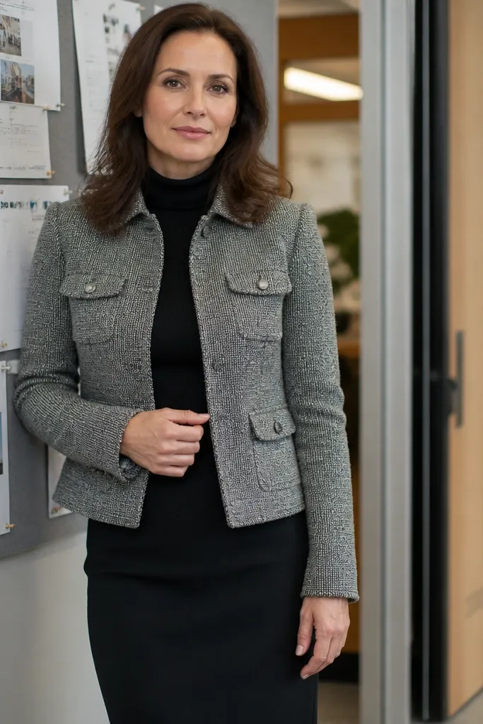 Grey tweed jacket over a black turtleneck with a black midi skirt.