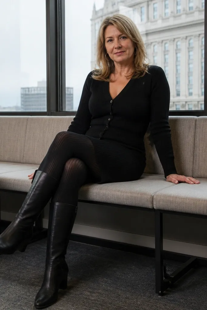 Black cardigan dress with ribbed tights and knee-high boots.