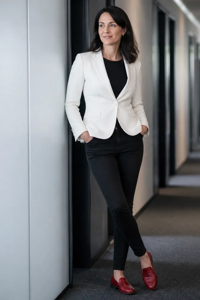 White blazer over a black top with black skinny jeans and red loafers.
