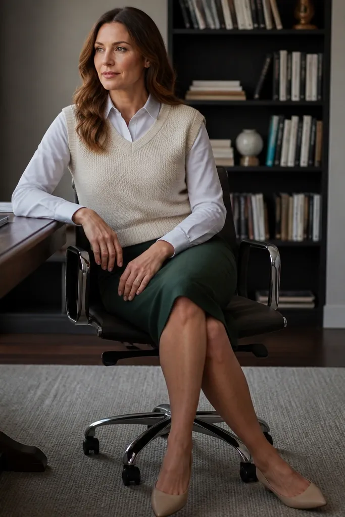 Cream sweater vest over a collared shirt with a pencil skirt and pointed flats.