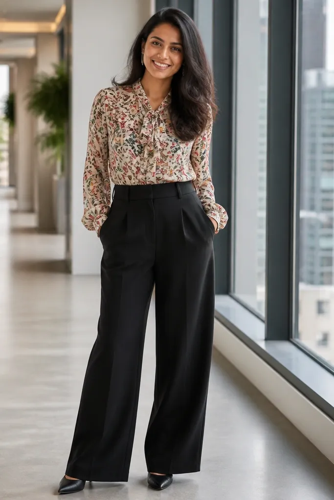 Muted floral blouse tucked into black wide-leg trousers with loafers.