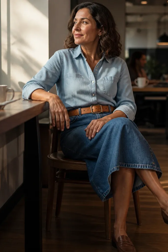 Denim midi skirt with chambray shirt, tan belt, and brown loafers.
