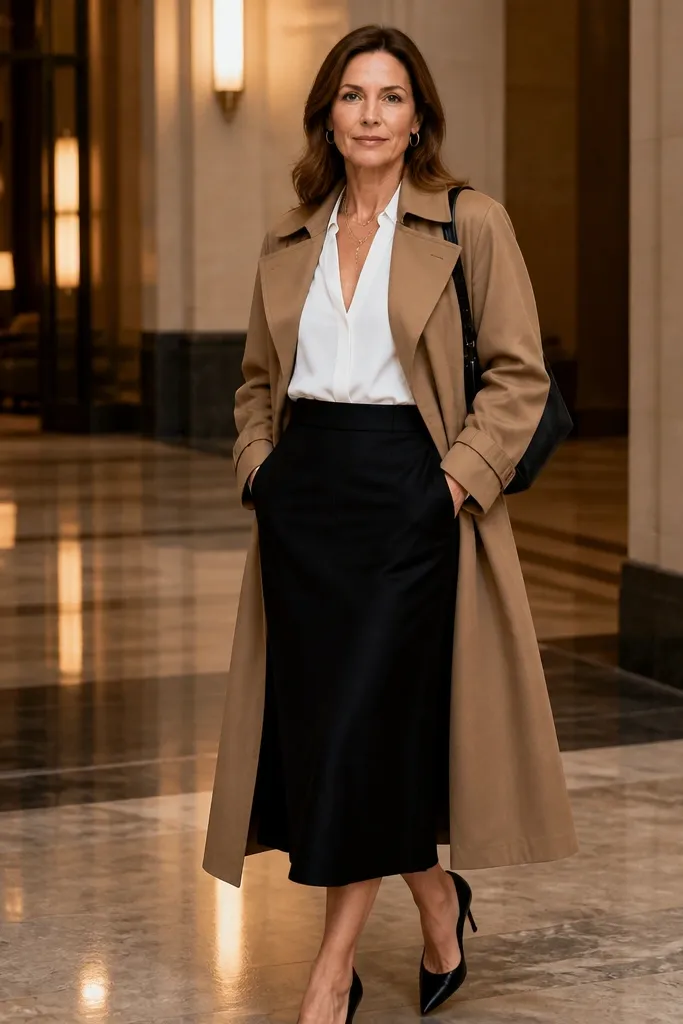 Camel trench over a white blouse with a black midi slip skirt and loafers.