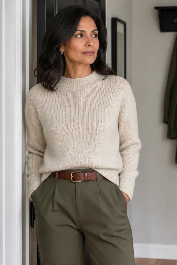 Oatmeal knit sweater with olive trousers and a brown belt.