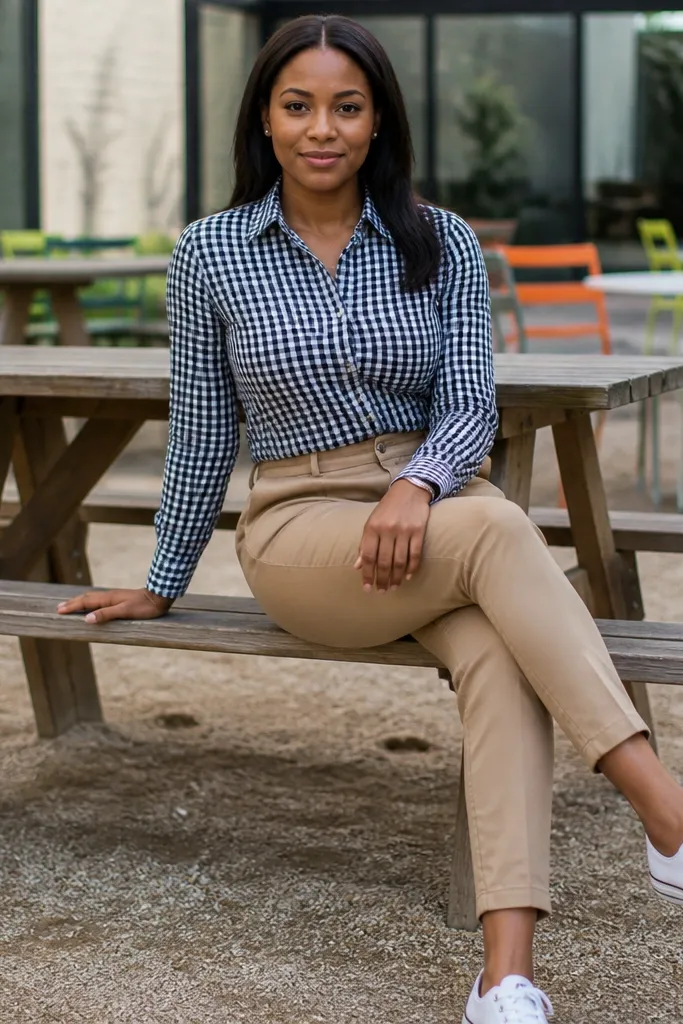 Gingham shirt tucked into tan chinos with white sneakers.