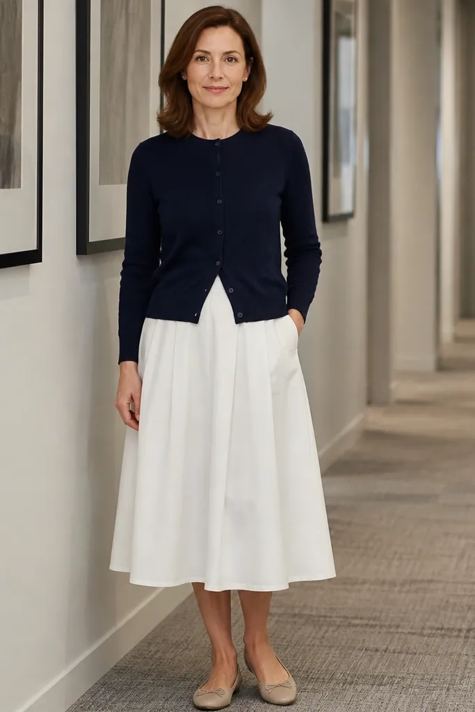 Navy knit cardigan over a top with a white midi skirt and ballet flats.