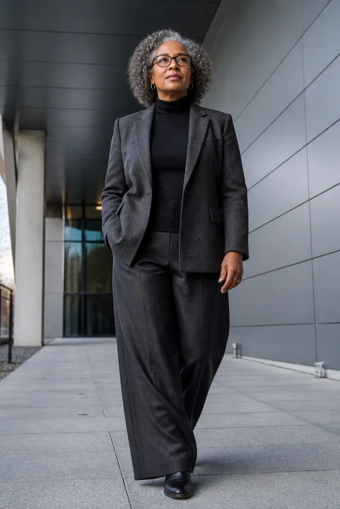 Charcoal blazer over a black turtleneck with wide-leg trousers and loafers.