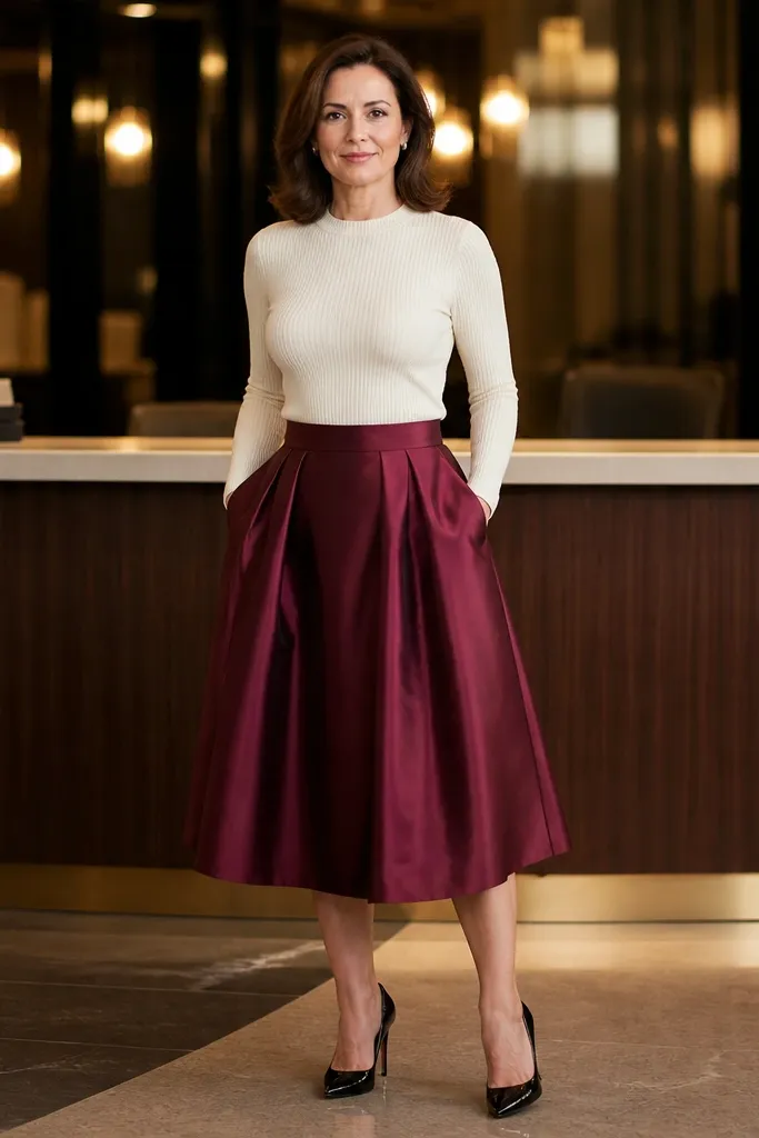 Burgundy taffeta skirt with a cream knit top and black pumps.