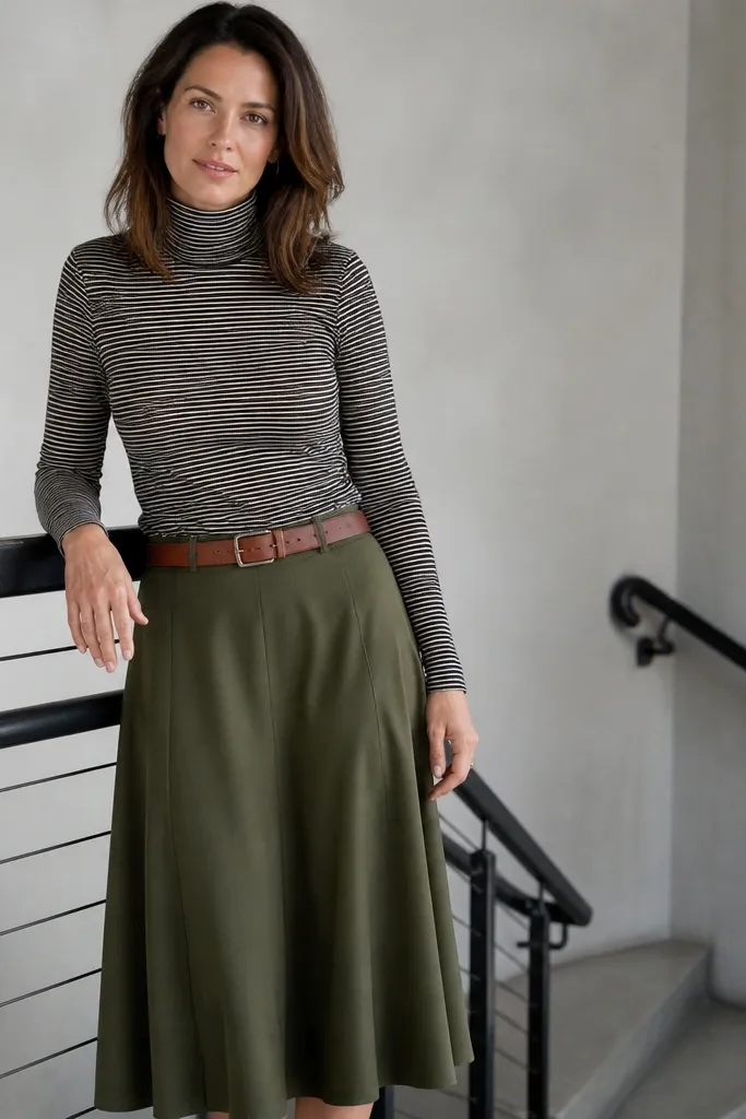 Striped turtleneck with an olive midi skirt and a leather belt.
